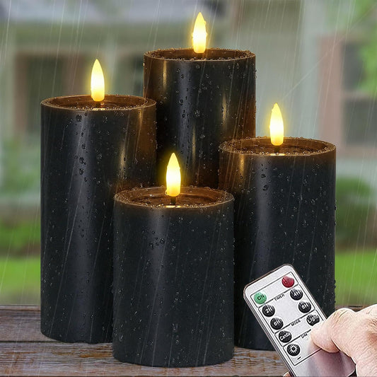 Yeelida Outdoor 4pcs Flameless Waterproof Candles with Handy Remote Control, Cycle Timer Battery Operated Candle Grease Effect LED Flickering Pillar Plastic Long Lasting (Ivory, 3" x4" 5" 6" 7")