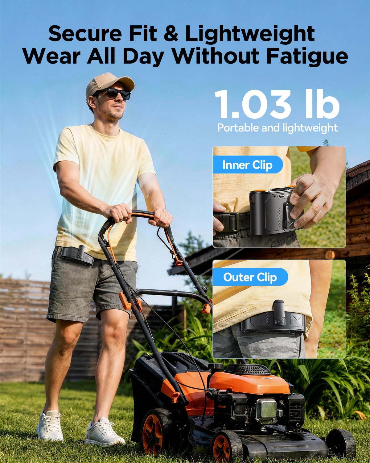 Portable Waist Fan, 16000RPM 3-Head Belt Clip Fan with 8000mAh Battery, 100 Speeds, 10m/s Strong Wind, Flashlight, Rechargeable Under Shirt Fan for Outdoor Jobsite Camping Travel Black