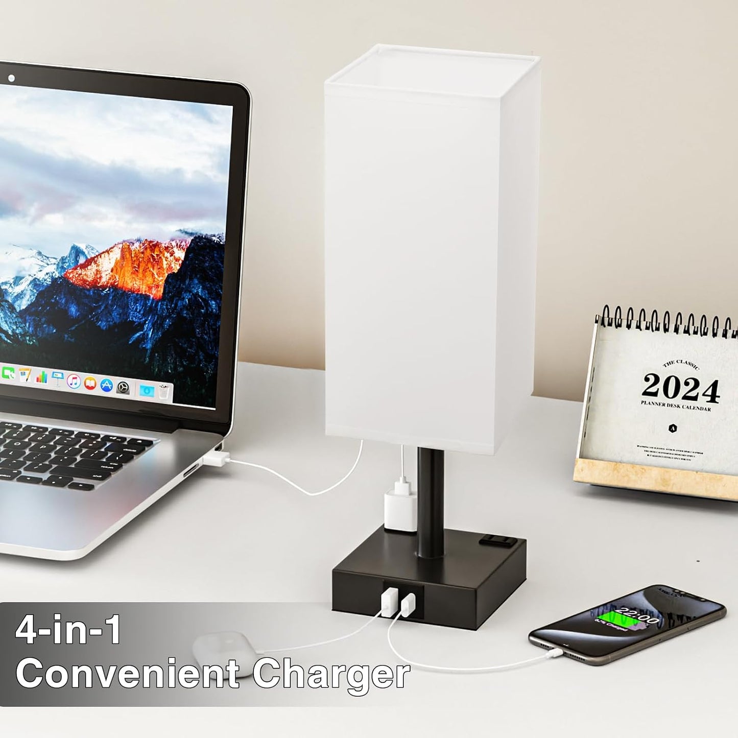 【Upgraded】Bedside Table Lamp Touch Control, with USB C+A Charging Ports & Dual AC Outlets, 3-Way Nightstand Lamp for Bedroom with LampShade Living Room Office(LED Dimmable Bulb Included)