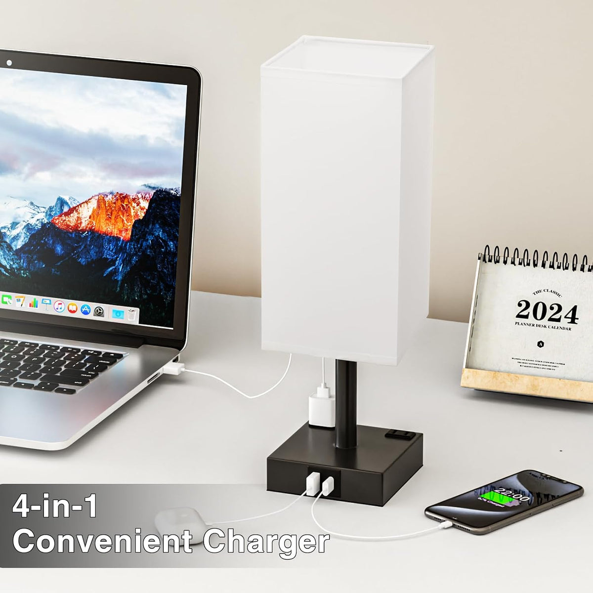 Touch Bedside Table Lamp for Bedroom - Dimmable, USB C+A, 2 AC Outlets
