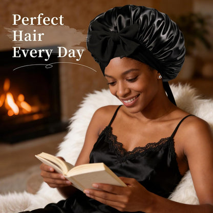 Silk Bonnet Satin Bonnet for Sleeping Large Bonnets with Tie Band Hair Wrap with Adjustable Straps Hair Cap for Women Curly Black