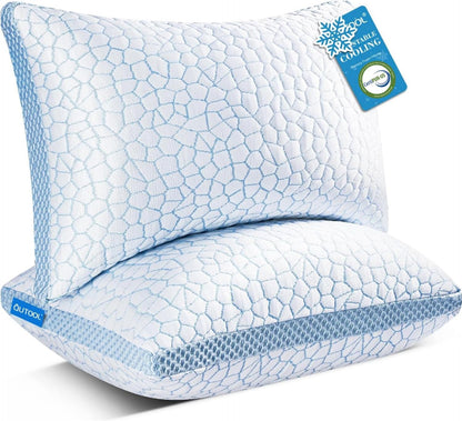 QUTOOL Cooling Pillow for Sleeping, CertiPUR-US Shredded Memory Foam Queen Pillows Set of 2, Cool Pillow for Hot Sleepers Adjustable Firm Pillow for Side, Back, Stomach Sleepers Soft Yet Support,White