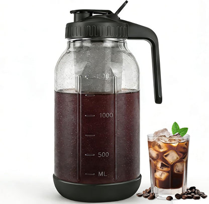 Cold Brew Coffee Maker,64 oz Mason Jar Pitcher with Stainless Steel Filter, Pour Spout Handle Lid, Heavy Duty Glass Airtight & Leak-Proof for Iced Coffee,Tea & Lemonade