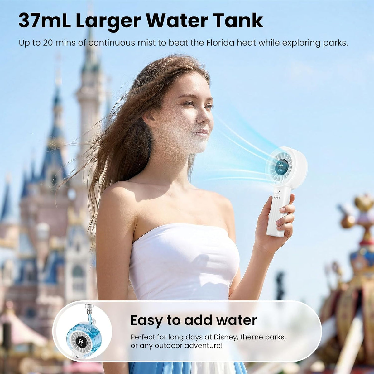 HandFan Upgraded Misting Fan with LED Display – Extreme Cooling Portable Handheld Fan with Water Mist Spray, 50% Stronger Airflow & Quieter, USB Rechargeable for Travel/Park/Disney/Beach/Concert/Game