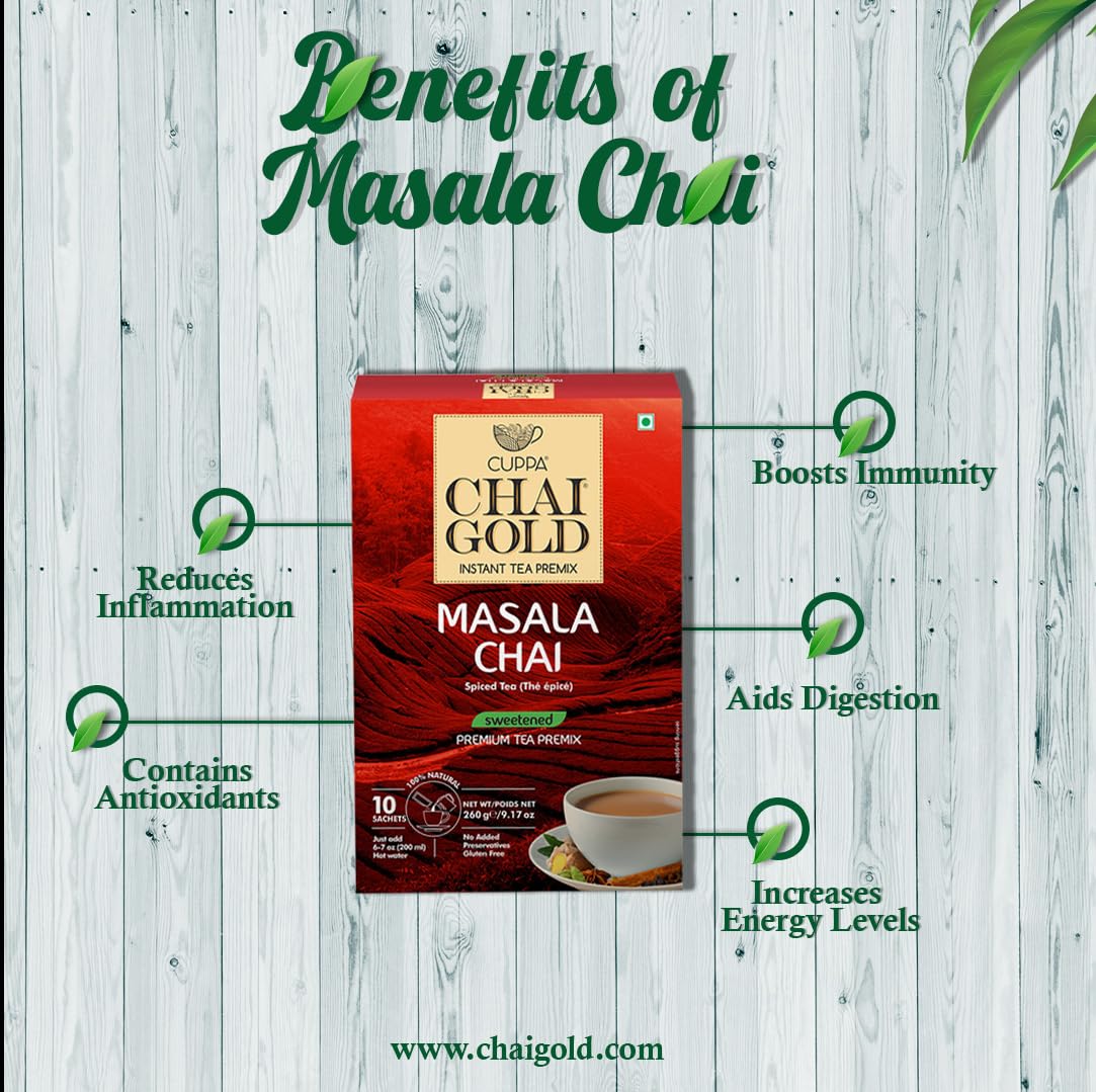Cuppa Chai Gold Instant Masala Chai Latte Mix, Sweetened with Cane Sugar, Authentic Indian Spiced Tea, 10 Single-Serve Packets, Gluten Free, No Preservatives