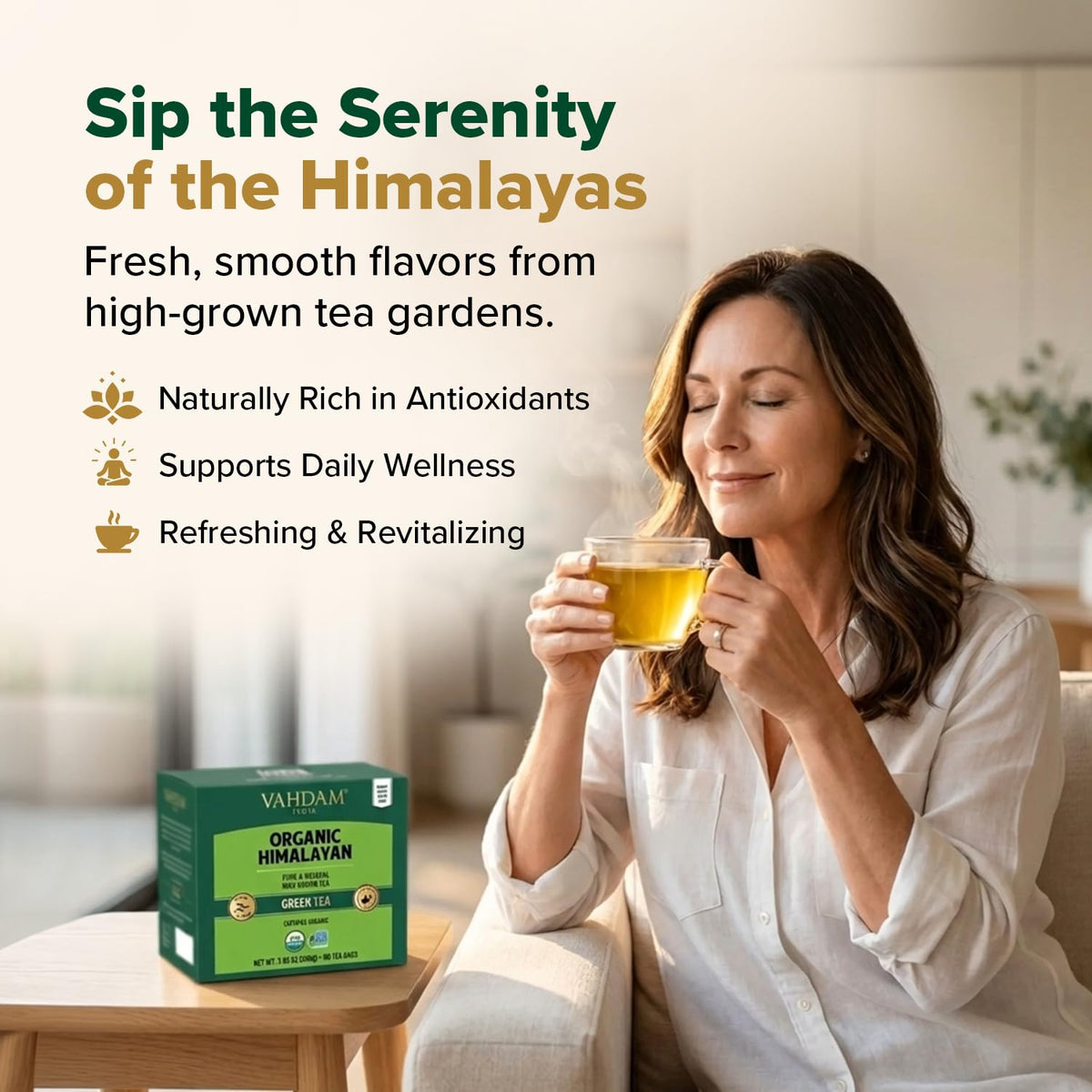 VAHDAM, Organic Himalayan Green Tea (100 Count) High Grown, Non GMO, Gluten Free, Low Caffeine | Earthy & Smooth | Resealable & Plant-Based Pyramid Tea Bags