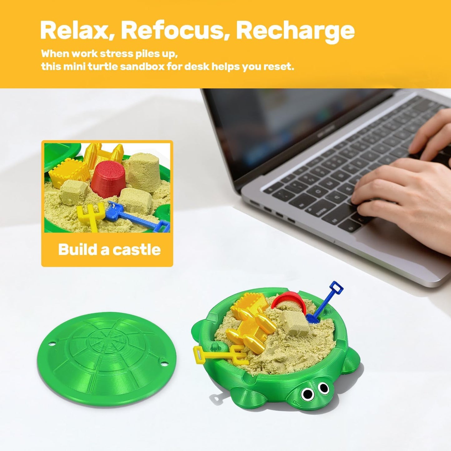 Mini Turtle Sandbox Zen Garden for Desk, Desktop Sandbox on the Go Stress Relief, Mini Desk Zen Sand Garden Kit with Lid, Funny Coworker, Birthday, Friend Gifts Idea