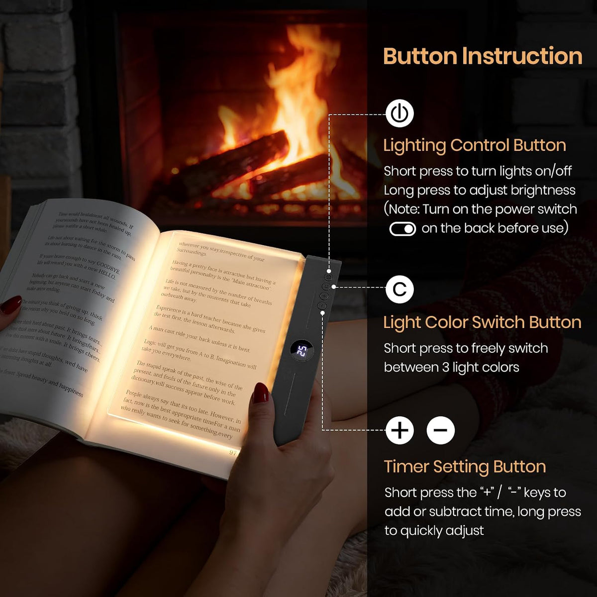 LED Book Light, 3 Color Temps & Stepless Dimming, Night Reading with Timer