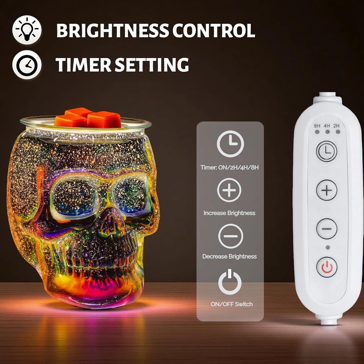 Wax Melt Warmer, Wax Warmer for Scented Wax with Light Bulb, Electric Skull Wax Burner, Halloween Fragrance Wax Melter for Home and Gifts (Rainbow Skull)