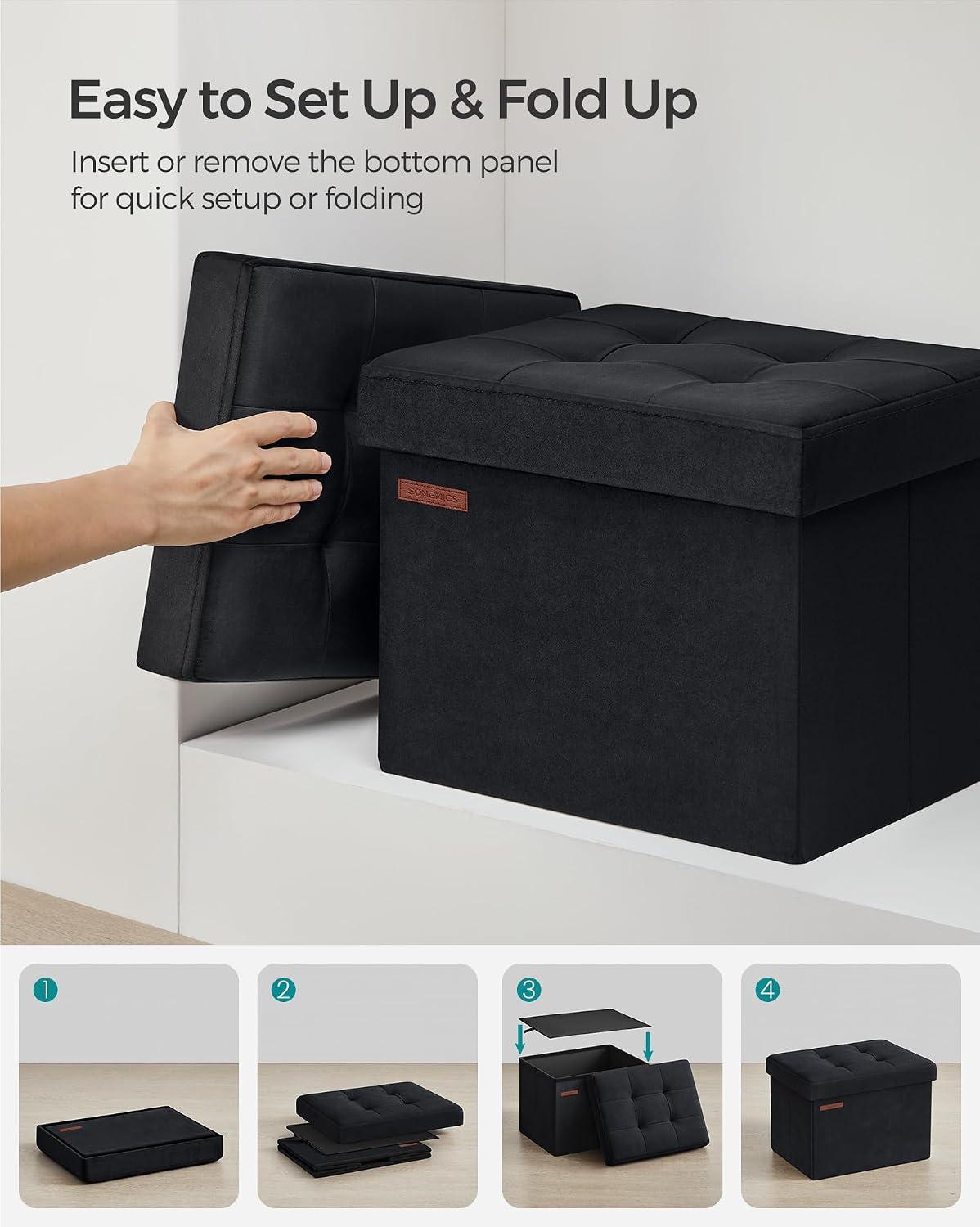 SONGMICS Small Folding Storage Ottoman, Foot Rest Stool, Cube Footrest, Synthetic Leather, 12.2 x 16.1 x 12.2 Inches, 286 lb Capacity, for Living Room, Bedroom, Dorm, Ink Black ULSF100B01