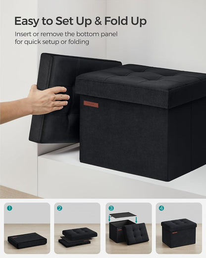 SONGMICS Small Folding Storage Ottoman, Foot Rest Stool, Cube Footrest, Synthetic Leather, 12.2 x 16.1 x 12.2 Inches, 286 lb Capacity, for Living Room, Bedroom, Dorm, Ink Black ULSF100B01