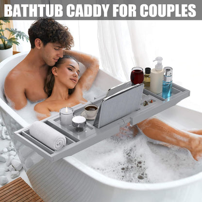 Foldable Bamboo Bathtub Caddy Tray Expandable for Luxury Bath, Bath Accessories & Table with Wine Glass Holder, Book Stand Bathroom Organizer with Extending Sides for Men/Women