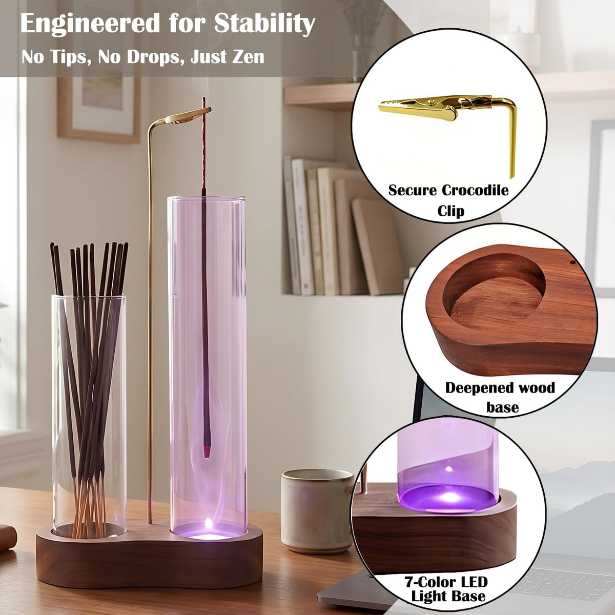 Glowing Glass Incense Holder - 2-in-1 Double Tube Incense Stick Holder with Ash Catcher for Palo Santo, Sage & Meditation - Aesthetic Zen Home Decor for Spa, Yoga & Relaxationn