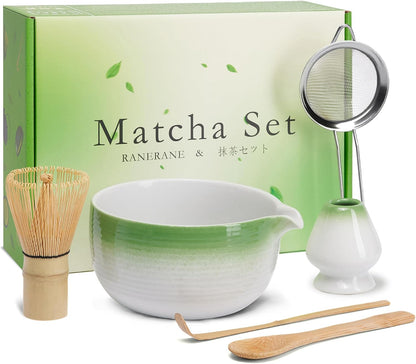 Matcha Whisk Set, Ceramic Matcha Set Includes Matcha Bowl, Matcha Whisk (Chasen) and Holder, Sifter, Bamboo Scoop & Spoon - 6 Pcs Matcha Kit for Matcha Lovers White