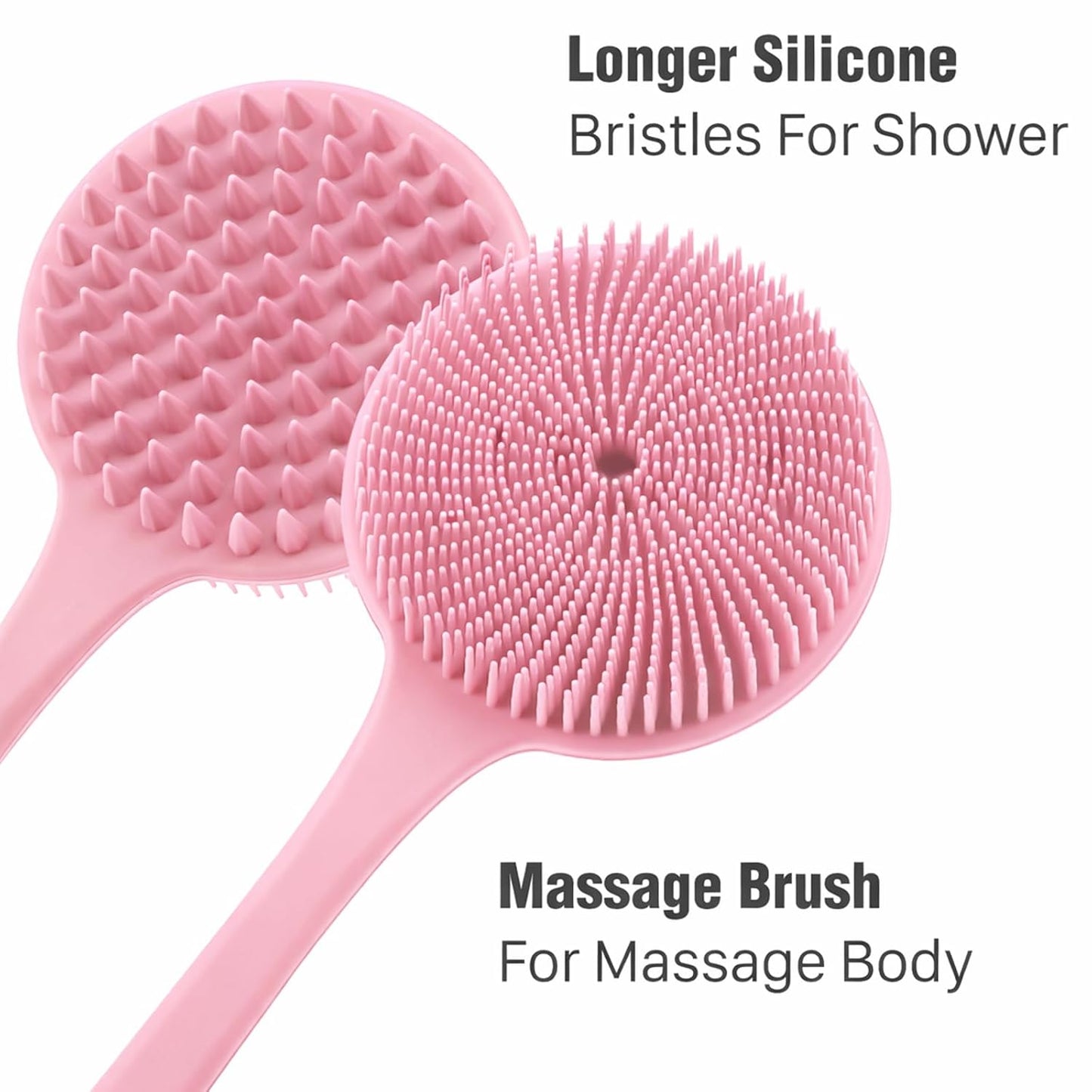 Silicone Body Scrubber for Shower Men Women – Dual-Sided Exfoliating & Massage Shower Brush with Long Handle, Creates Rich Lather, Includes 1 Hook & 2 Lather Balls (Black).