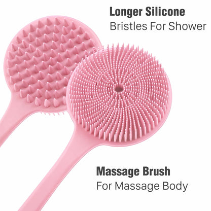 Silicone Body Scrubber for Shower Men Women – Dual-Sided Exfoliating & Massage Shower Brush with Long Handle, Creates Rich Lather, Includes 1 Hook & 2 Lather Balls (Black).