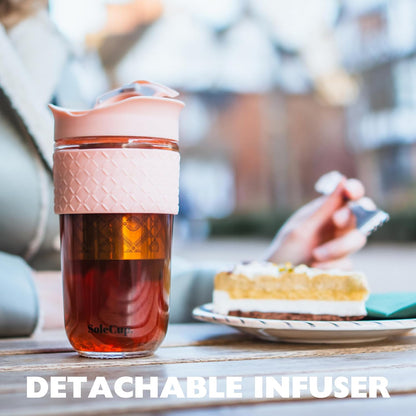 Large Travel Mug Loose Tea Infuser - Detachable Tea Strainer with Spill Proof Lid - 18oz/530ml BPA-Free Reusable Glass Travel Coffee Cup with Silicone Band (Ice Cream, 18oz)