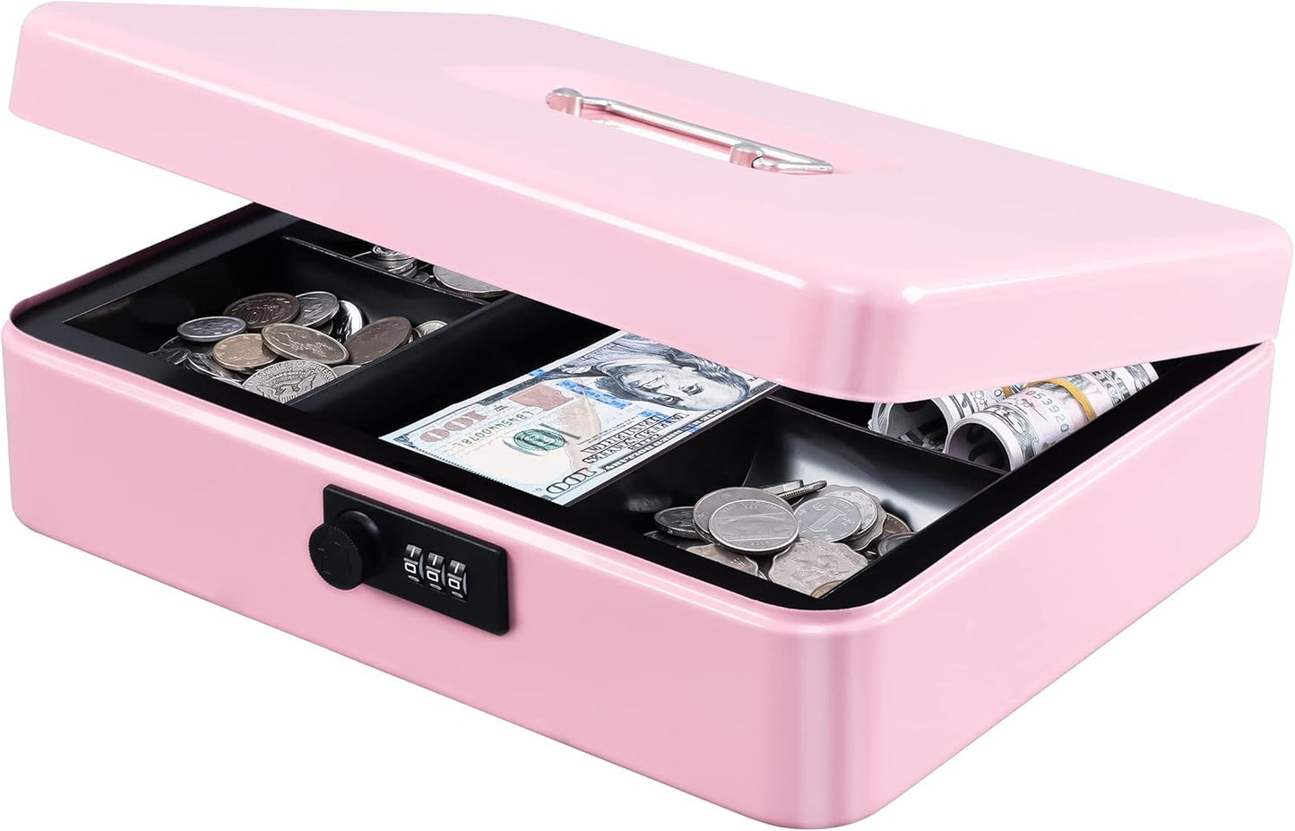 KYODOLED Cash Box with Combination Lock Safe Metal Money Box with Money Tray for Security Lock Box 7.87"x 6.30"x 3.35" Black
