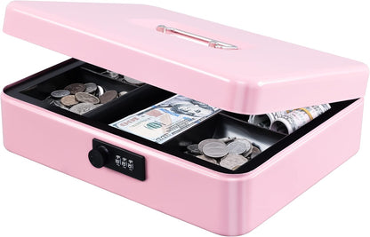 KYODOLED Cash Box with Combination Lock Safe Metal Money Box with Money Tray for Security Lock Box 7.87"x 6.30"x 3.35" Black
