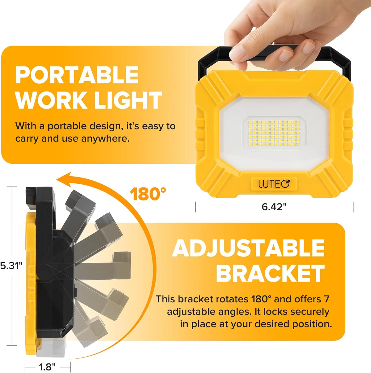 LUTEC 3500LM LED Work Light, Rechargeable Magnetic Work Lights with Stand, Portable 5000K Flood Light for Car Repair, Fishing, Camping, Emergency, Hiking, 3 Modes