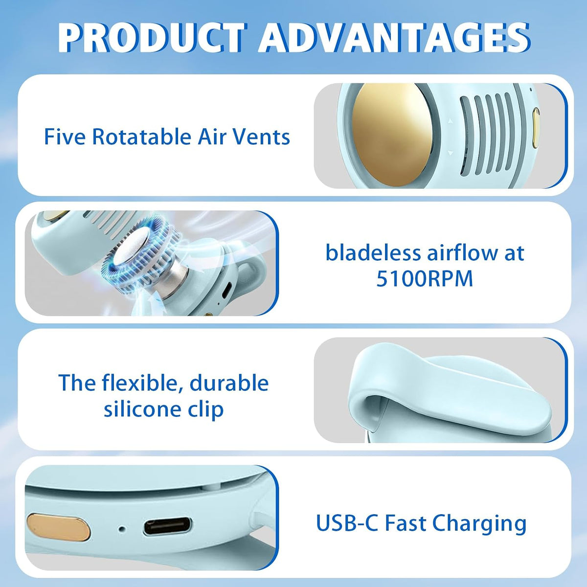 Portable Fan,Clip On Waist Bladeless, Ultra-Quiet Personal Mini Neck Fan