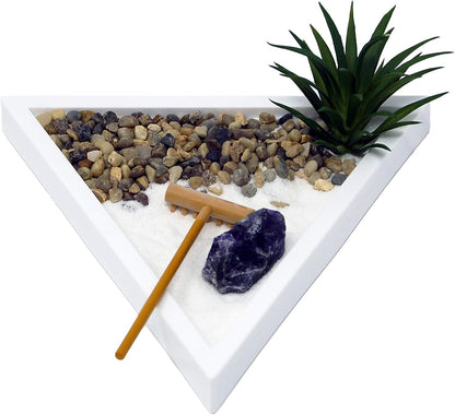 Nature's Mark Mini Zen Garden Kit for Desk with White Sand, Rake, White Base, Salt Rock and Air Plant (Round)