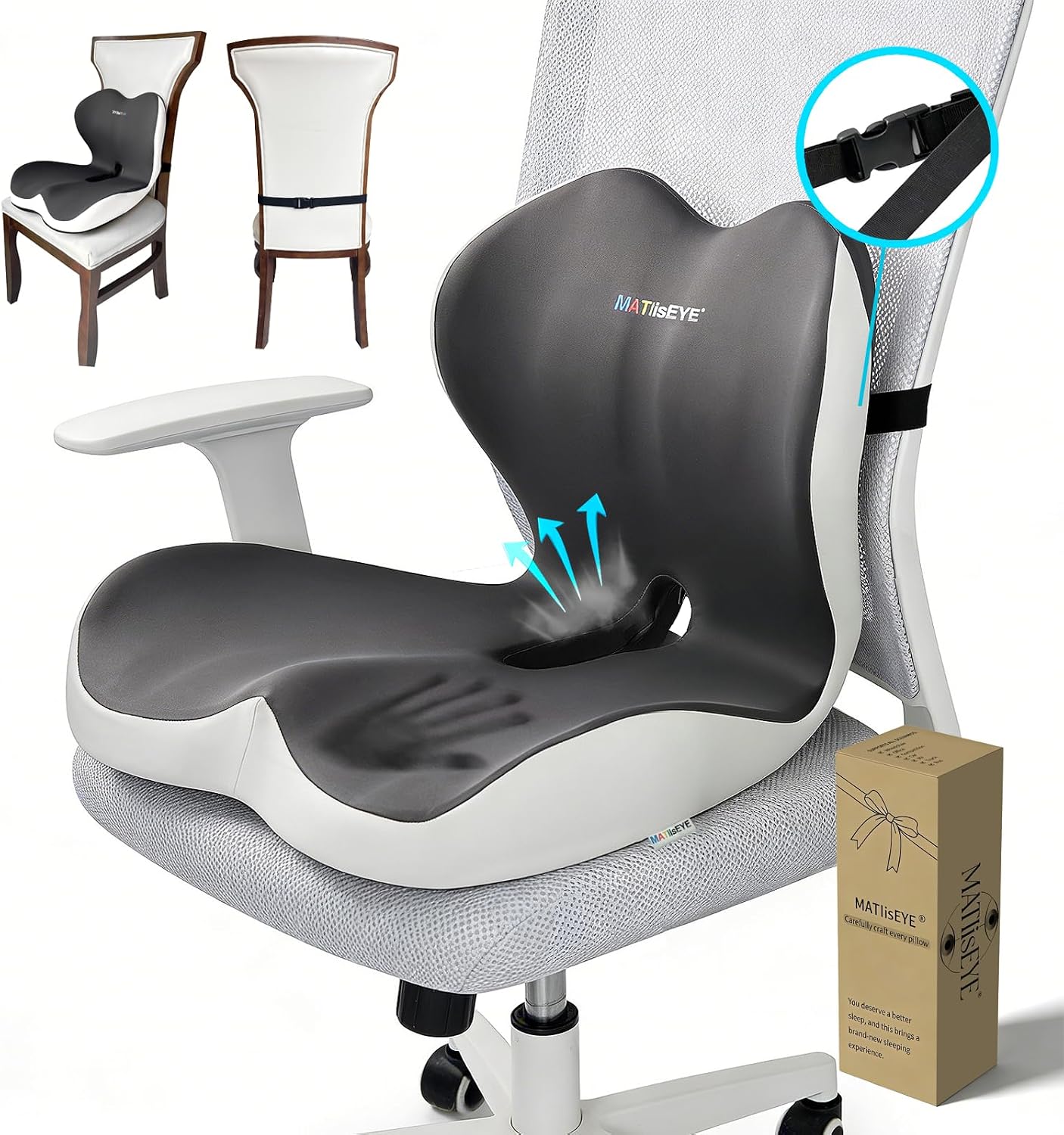 2026 Upgraded Orthopedic Memory Foam Seat Cushion with Adjustable Strap, Coccyx & Sciatica Pain Relief, Washable Non-Slip, Ergonomic Support for Office Chair, Car & Wheelchair (Dark Grey)