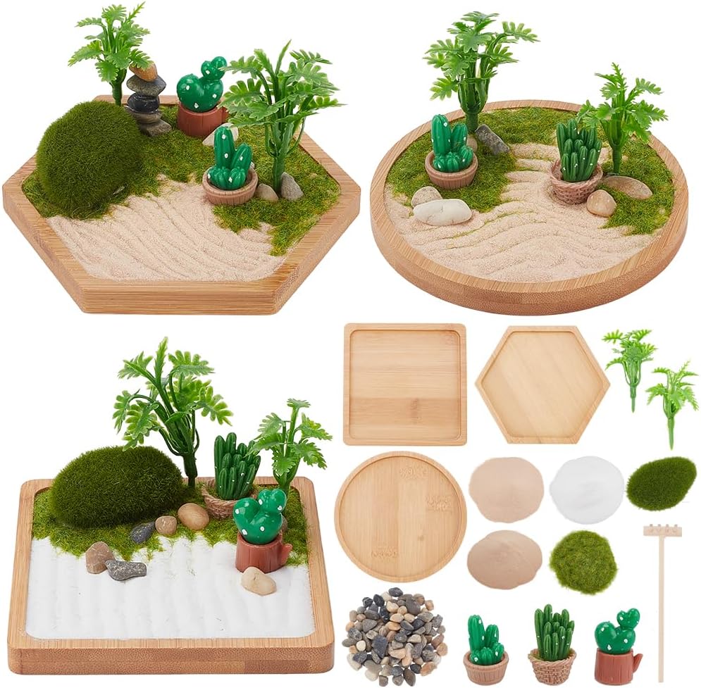 WEBEEDY 3 Sets Desert Zen Garden Kit Japanese Mini Zen Garden Sand Tray Kit for Desktop with Bamboo Tray Stones Rakes Accessories Cactus Desert Decor for Home Office Desktop Unique Gift,4/4.2/4.4 Inch
