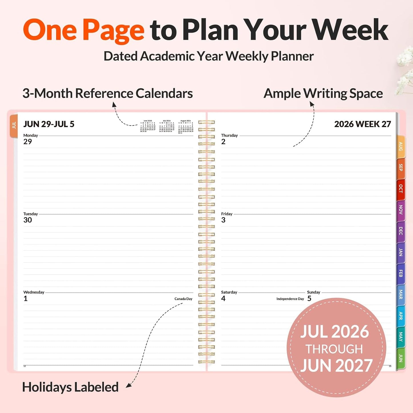 SUNEE Academic Planner 2026-2027 – Weekly & Monthly Planner, July 2026 to June 2027, 6.4"x8.3", Thick Paper, Tabs, Pockets, Bookmark, Spiral-Bound, Student Teacher Organizer, Black