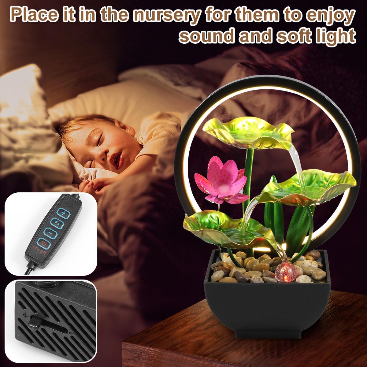 Tabletop Fountain 3-Tiers Leaf,11" Small Waterfall Fountains Indoor Water Fountain with Rocks and Ring Lights,Desktop Fountains for Meditation Relaxation for Bedroom Living Room Office