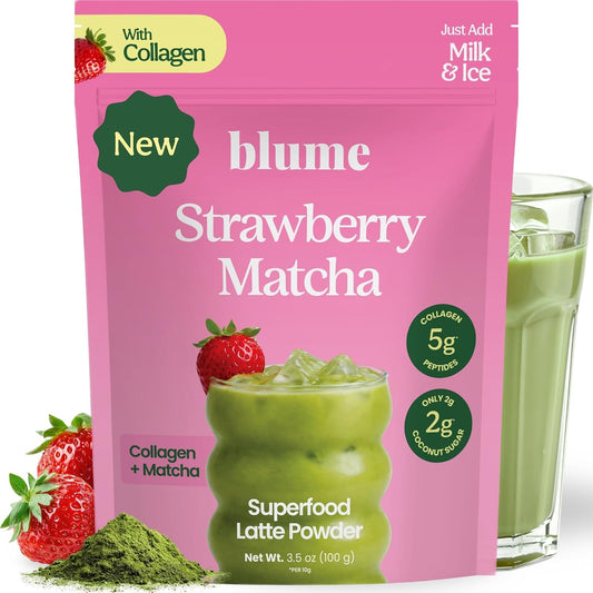 NEW Blume Iced Strawberry Matcha Latte with Collagen – Organic Japanese Matcha Green Tea Powder, Grass-Fed Collagen Peptides, Matcha Powder Latte Drink Mix, only 2g Organic Coconut Sugar, 10 Servings