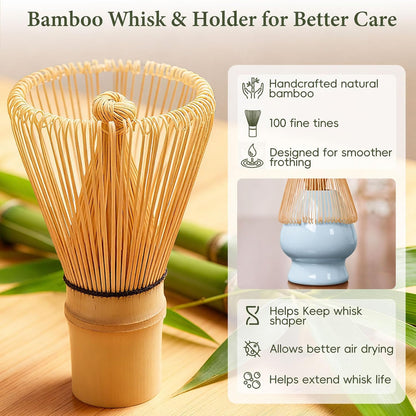 Matcha Whisk Set, Ceramic Matcha Set Includes Bowl & Holder, Bamboo Whisk (Chasen), Scoop, Spoon and Sifter, 6PCS Matcha Kit Covers Everything Needed for Making Matcha (Green)