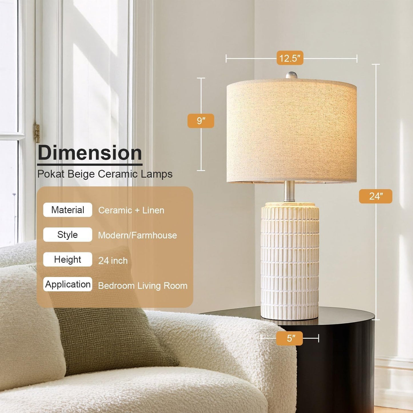 PoKat 20.75" Small Modern Ceramic Table Lamps Set of 2 for Bedroom, White Bedside Lamps for Night Stands, Farmhouse Desk Home Decor Gift Nightstand Table Lamps for Living Room End Table Beige