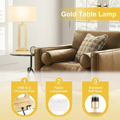 Gold Table Lamps Set of 2, 16.4" Bedside Lamps for Nightstand with USB C+A