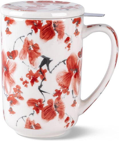 AmorArc Porcelain Tea Mug with Infuser and Lids, 18 Oz Large Cup Strainer with Bag Holder for Loose Leaf Tea, Steeping Coffee Mug for House-warming Wedding Birthday Gift