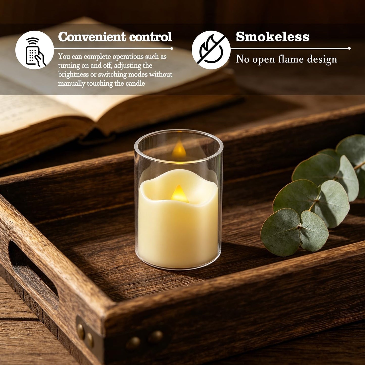 24 Pcs LED Flameless Candles with Remote, 3D Flickering Flame & LED String Lights, Acrylic Clear Cylinder, Timer Function, Romantic Ambience for Home Decor, Party, Wedding (Ivory).