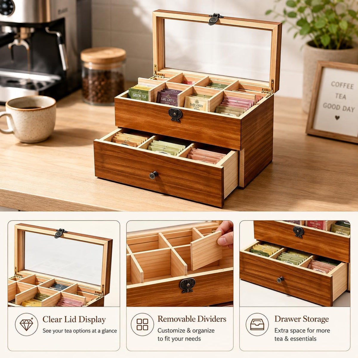 WELLAND Wood Tea Bag Organizer, Storage Box with Clear Acrylic Window, 2-layer 14 Compartments Large Capacity Tea Bag Holders, Gift Idea