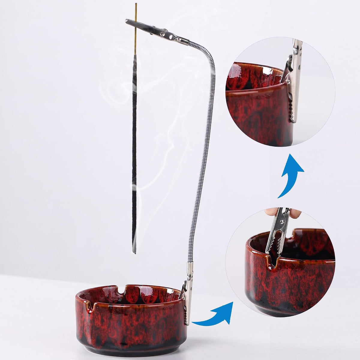 Modern Incense Holder with Flexible Metal Stand, Silver Ash Collector Base, Minimalist Design for Home Meditation and Aromatherapy. (Black + Clip)