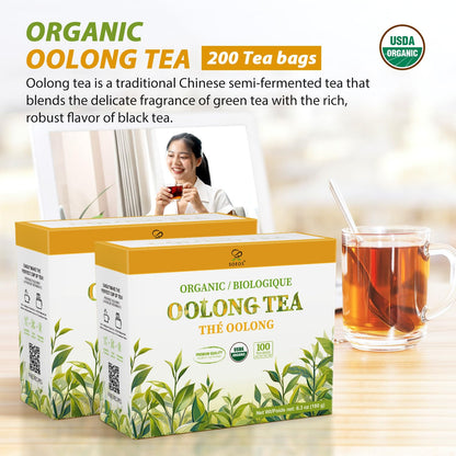 Soeos Organic Oolong Tea, 200 Tea Bags (2 Pack), Low Caffeine, Perfect Alternative to Coffee, Hot and Cold Brew, Fresh and Healthy Oolong Tea