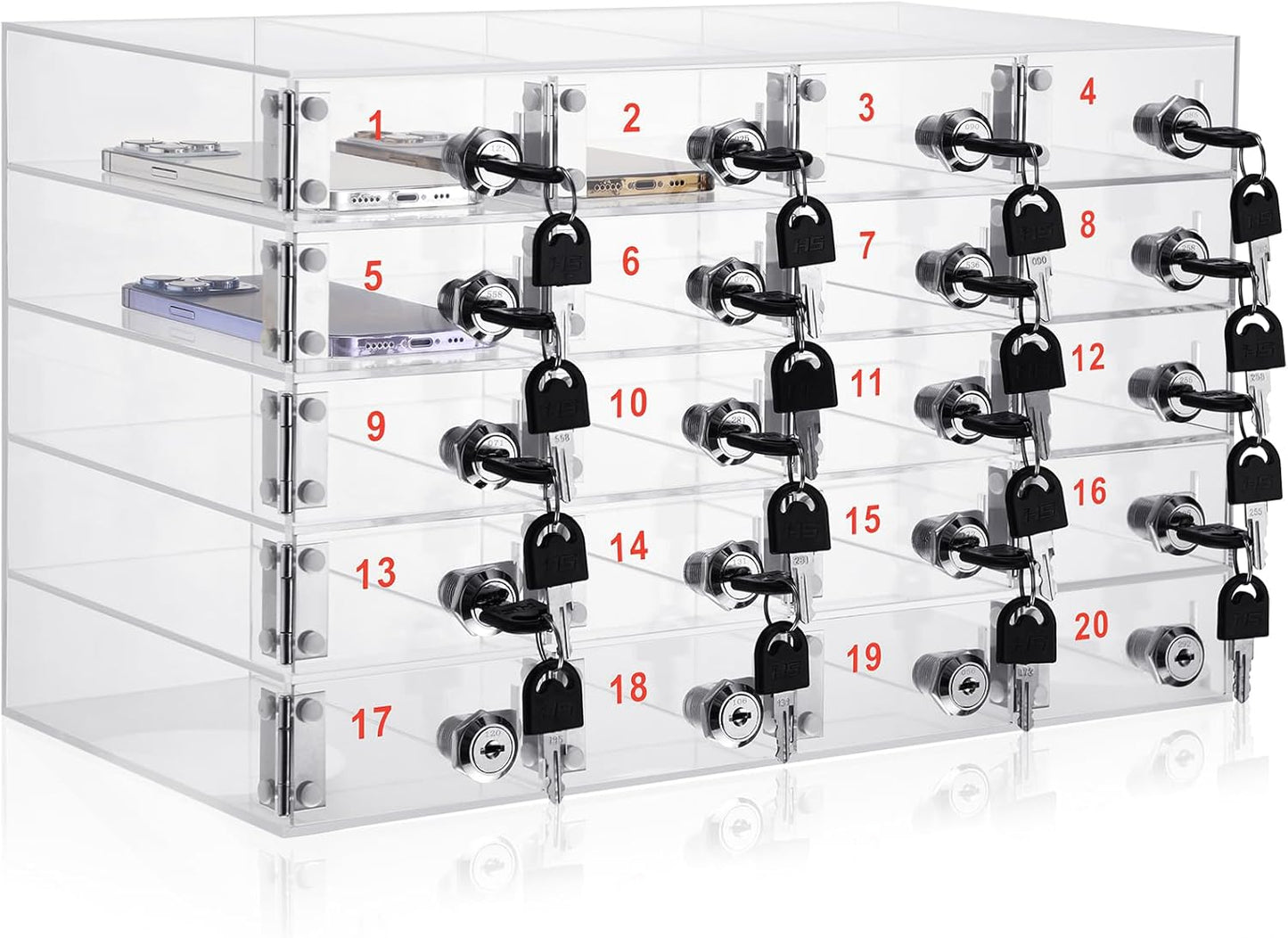 Layhit 20 Slots Cell Phone Locker Box for Classroom Clear Acrylic Cell Phone Storage Cabinet Bin with Door Locks for Classroom School Students Office Factory Employees