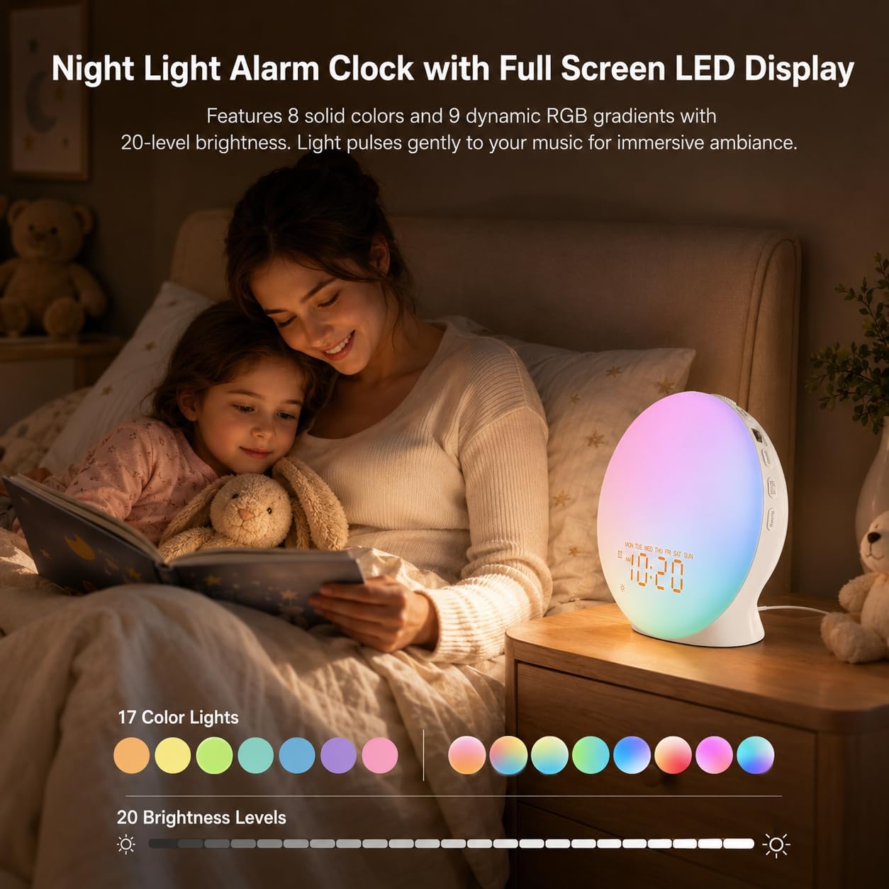 JALL Sleep Sound Machine Sunrise Alarm Clock with 25 White Noise Nature Sounds, Wake Up Light for Bedrooms, Bluetooth Speaker, 8-Hour Sleep Timer, 17 Color Dimmable Lights