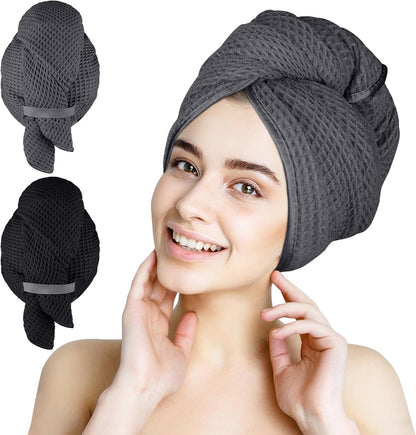 HOMEXCEL 5 Pack Microfiber Hair Towels - 40 x 20 inches Super Soft, Fast Drying Turbans for Long, Thick, Curly Hair - Anti Frizz Wrap with Elastic Strap