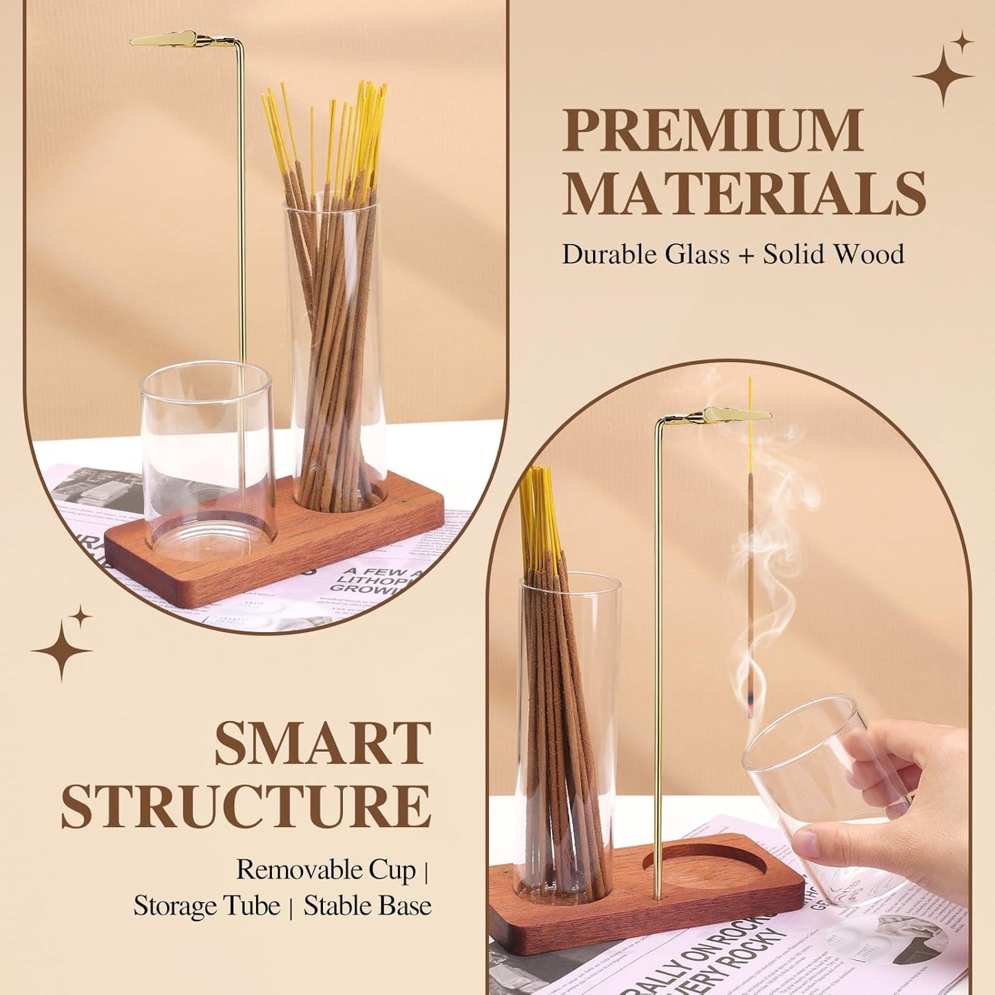 2 in 1 Incense Holder for Sticks with Glass Ash Catcher, Upside Down Anti-Ash Incense Stick Burner, Modern Vertical Incense Holder for Yoga, Spa, Meditation and Home Decor （Black）