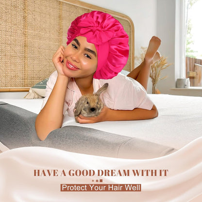 Satin Bonnet for Sleeping Cap Double Layer Hair Bonnet with Elastic Tie Band for Curly Hair Night Cap (Bean Paste + Pink)