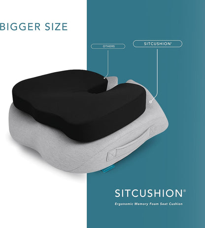 SitCushion Ergonomic Seat Cushion for Sciatica & Tailbone Pain Relief – Extra Large Memory Foam Office Chair Cushion for Long Sitting, Orthopedic Coccyx Cushion for Desk Chair, Car & Wheelchair(Black)