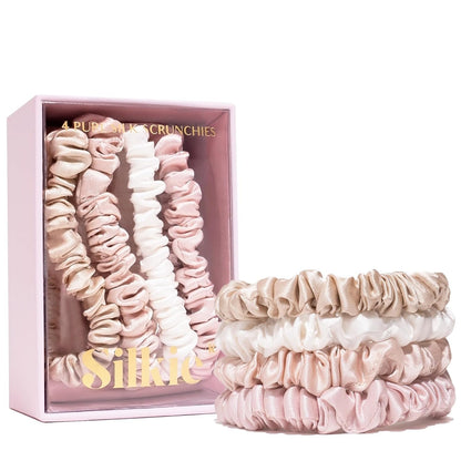 SILKIE x4 Set - Forget Satin - 100% Pure Mulberry Silk Black Brown Skinny Scrunchies Travel Pouch Everyday Hair Ties Elastics Hair Care Ponytail Holder No Damage (Chocolate)