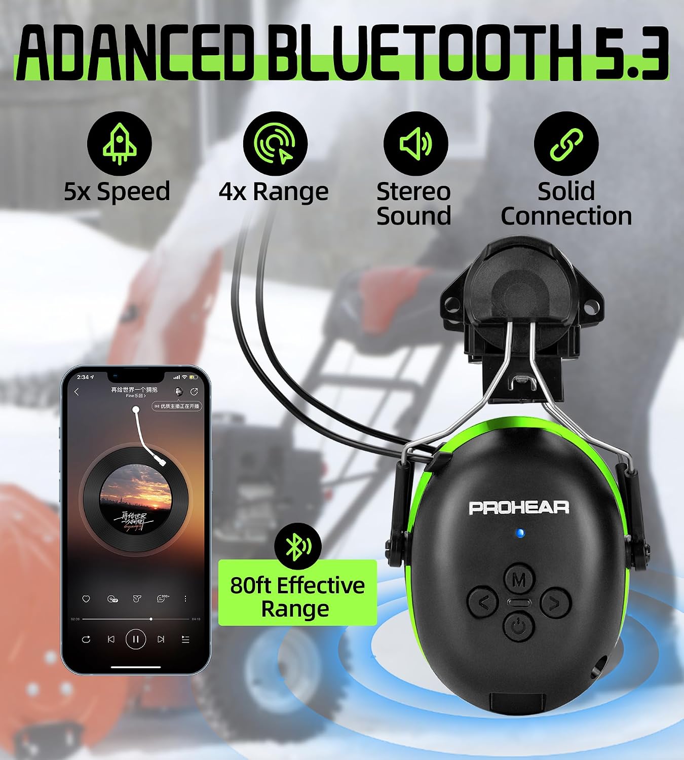 PROHEAR 037 Bluetooth 6.0 Hearing Protection Headphones with Rechargeable 1500mAh Battery, 30dB SNR Safety Noise Reduction Ear Muffs 120H Playtime for Mowing, Workshops, Snowblowing - Black