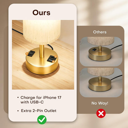 MOICO Bedside Table Lamp for Bedroom, 3-Way Dimmable Nightstand Lamp with USB C, USB A Ports & AC Outlet, Small Table Lamp Fabric Shade for Living Room Dorm Office, LED Bulb Included (14in Wood Grain)
