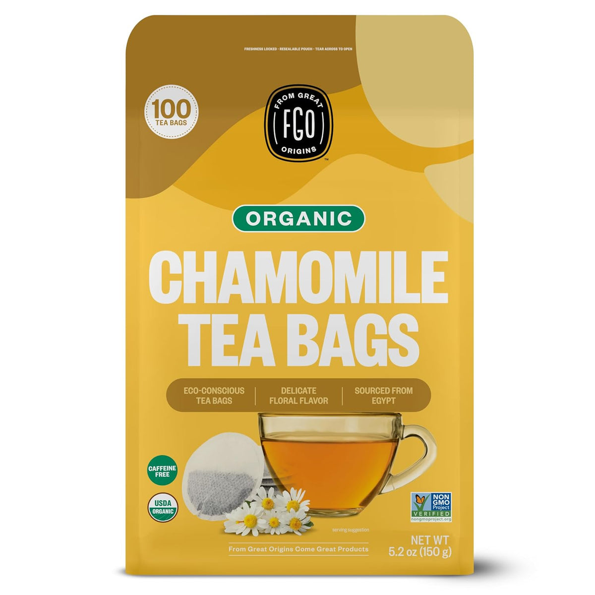 FGO Organic Chamomile Tea, 100 Count, Eco-Conscious Tea Bags, Resealable Bag, Packaging May Vary (Pack of 1)