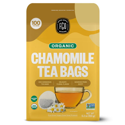 FGO Organic Chamomile Tea, 100 Count, Eco-Conscious Tea Bags, Resealable Bag, Packaging May Vary (Pack of 1)